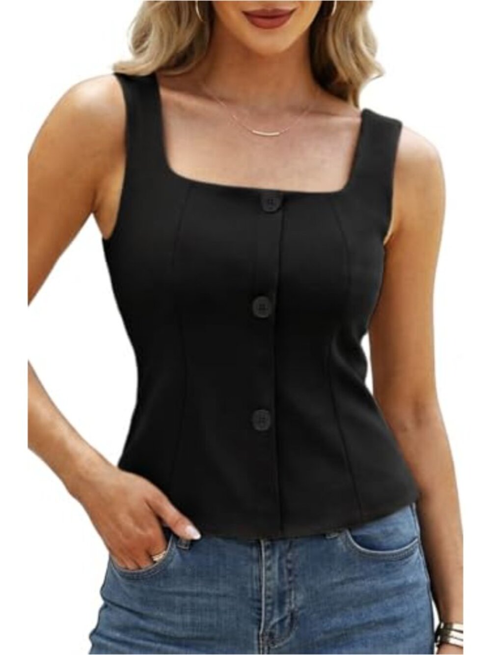 Sleeveless Suit Vest Top Square Neck Stretch Knit Business Casual Blazer